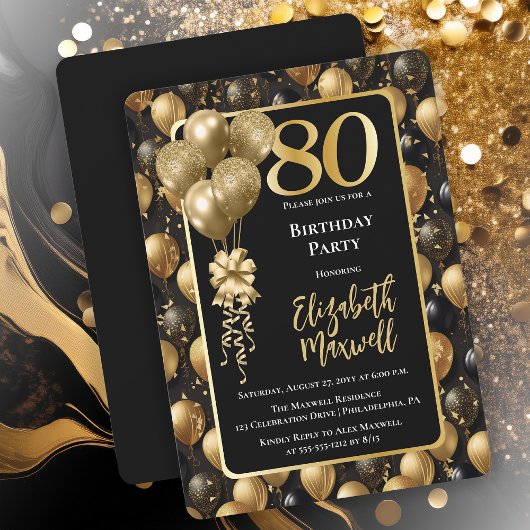 Invitation Elégant Black Gold Parties scintillant Ballons 80e