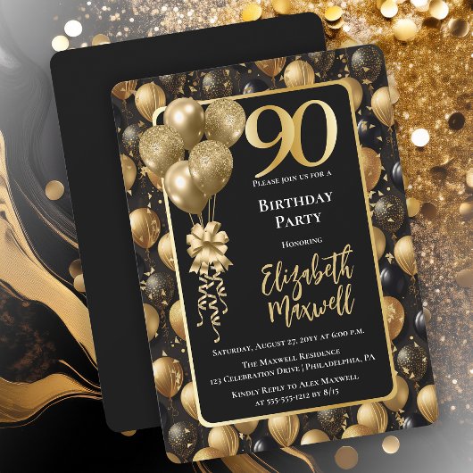 Invitation Elégant Black Gold Parties scintillant Ballons 90e