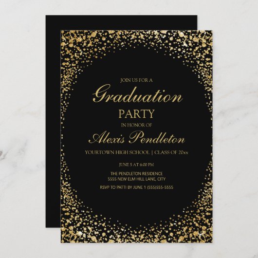 Invitation Elégant Black Gold Parties scintillant Graduation (Devant / Derrière)