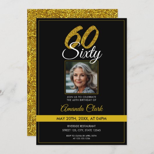 Invitation Elégant Black & Gold Parties scintillant Photo 60e (Devant / Derrière)
