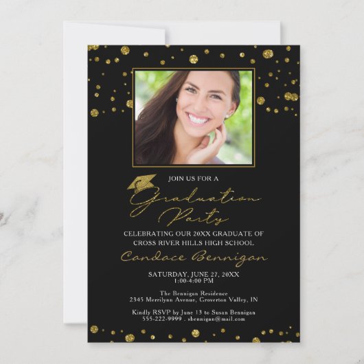Invitation Élégant Black Gold Parties scintillant Script Grad (Devant)