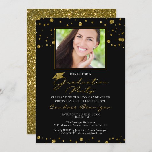 Invitation Élégant Black Gold Parties scintillant Script Grad (Devant / Derrière)