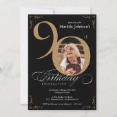 Invitation Elégant Black Gold Photo Custom 90e anniversaire (Devant)