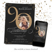Invitation Elégant Black Gold Photo Custom 90e anniversaire