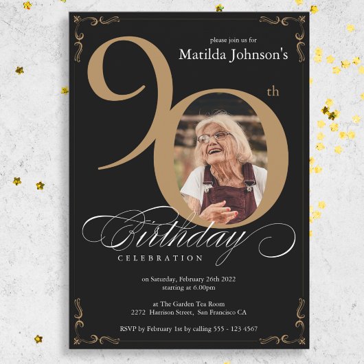 Invitation Elégant Black Gold Photo Custom 90e anniversaire