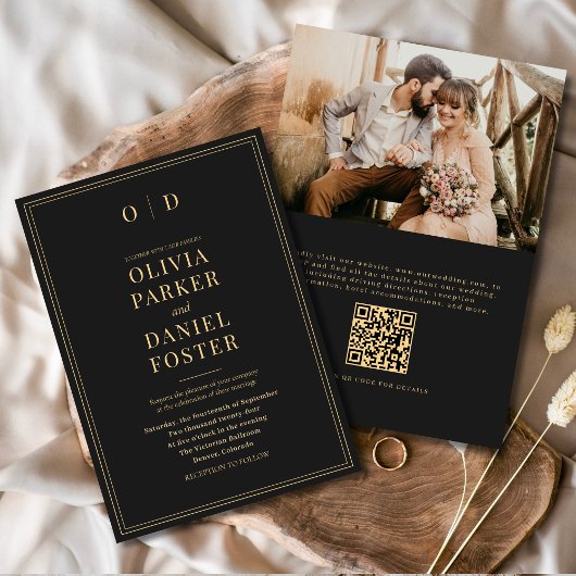 Invitation Elégant Black Gold Photo QR Code Mariage