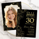 Invitation Elégant Black Gold Photo Surprise 30e anniversaire<br><div class="desc">Elégante surprise noir et or 30ème anniversaire invitation fête avec votre photo au dos de la carte. Le design féminin moderne branché présente des accents botaniques et des caractères typographiques. Carte invitation florale simple parfaite pour une célébration anniversaire surprise femme élégante. Peut être customisé à n'importe quel âge. Invitations Zazzle...</div>