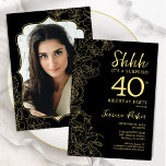 Invitation Elégant Black Gold Photo Surprise 40e anniversaire<br><div class="desc">Elégante surprise noir et or 40ème anniversaire invitation fête avec votre photo au dos de la carte. Le design féminin moderne branché présente des accents botaniques et des caractères typographiques. Carte invitation florale simple parfaite pour une célébration anniversaire surprise femme élégante. Peut être customisé à n'importe quel âge. Invitations Zazzle...</div>