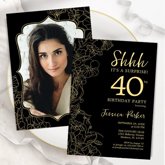 Invitation Elégant Black Gold Photo Surprise 40e anniversaire