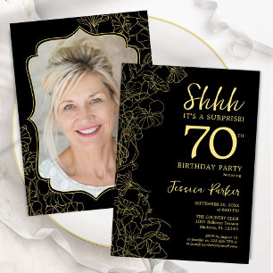 Invitation Elégant Black Gold Photo Surprise 70e anniversaire