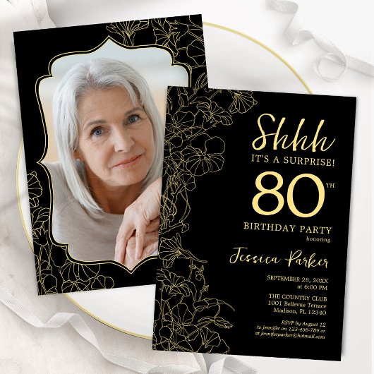 Invitation Elégant Black Gold Photo Surprise 80e anniversaire