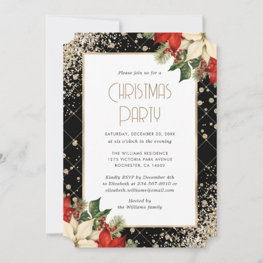 Invitation Elegant Black Gold Poinsettia Christmas Party (Devant)