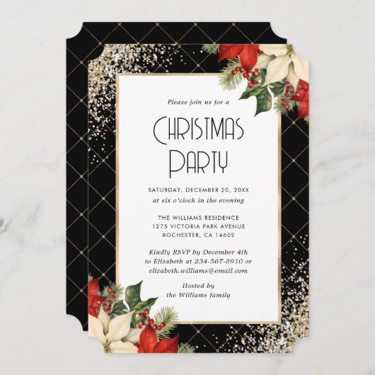 Invitation Elegant Black Gold Poinsettia Christmas Party (Devant / Derrière)
