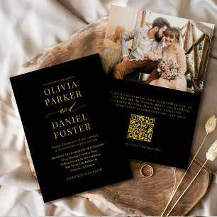 Invitation Elégant Black Gold QR Code Mariage photo classique