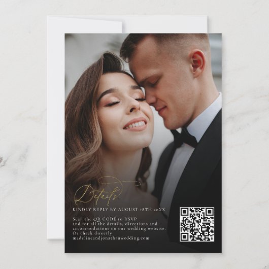 Invitation Elégant Black Gold QR Code Rsvp Tout en un Mariage (Dos)