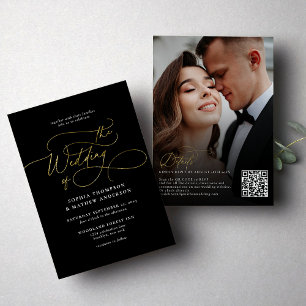 Invitation Elégant Black Gold QR Code Rsvp Tout en un Mariage