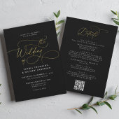 Invitation Elégant Black Gold QR Code Tout en un Mariage