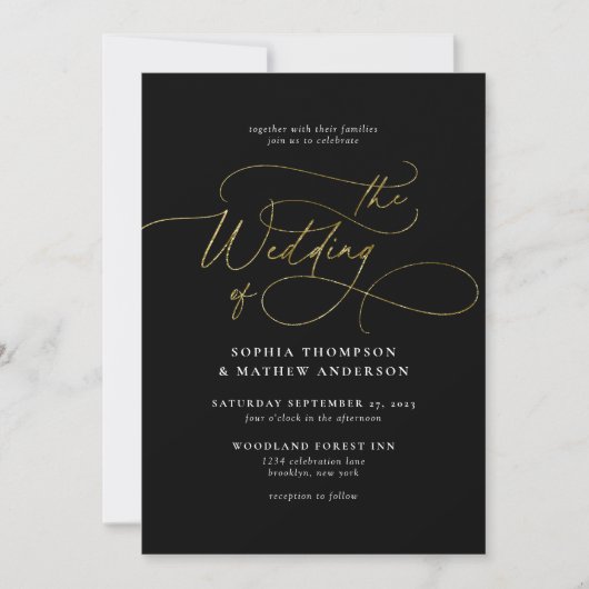 Invitation Elégant Black Gold QR Code Tout en un Mariage (Devant)