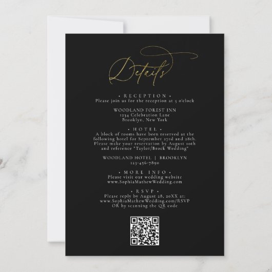 Invitation Elégant Black Gold QR Code Tout en un Mariage (Dos)