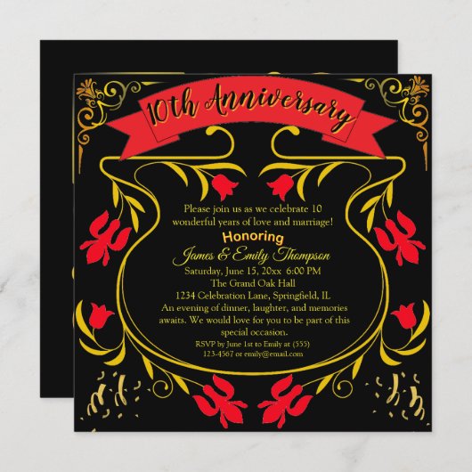 Invitation Elégant Black Gold & Red 10e anniversaire Mariage (Devant / Derrière)