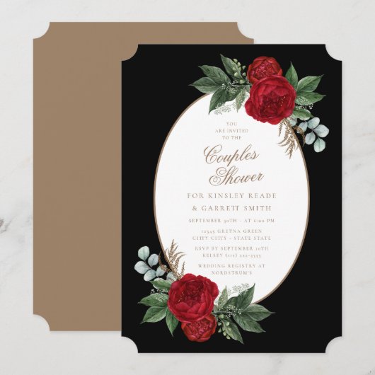 Invitation Elégant Black & Gold Red Floral Couple's Shower (Devant / Derrière)