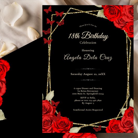 Invitation Elegant Black Gold Red Roses 18th Birthday Debut
