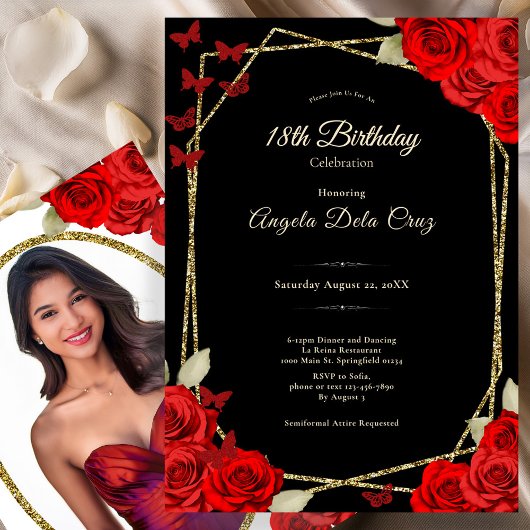 Invitation Elegant Black Gold Red Roses 18th Birthday Debut