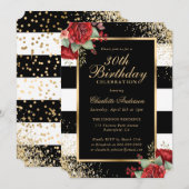 Invitation Elégant Black Gold Red Roses Floral 30e Anniversai (Devant / Derrière)