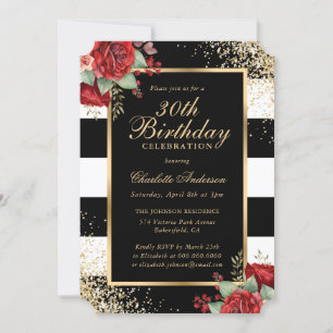Invitation Elégant Black Gold Red Roses Floral 30e Anniversai