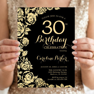 Invitation Elégant Black Gold Roses 30e fête d'anniversaire