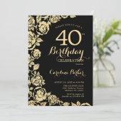 Invitation Elégant Black Gold Roses 40e fête d'anniversaire (Debout devant)