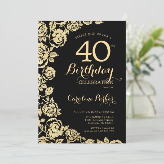 Invitation Elégant Black Gold Roses 40e fête d'anniversaire (Debout devant)