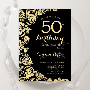 Invitation Élégant Black Gold Roses 50e fête d'anniversaire