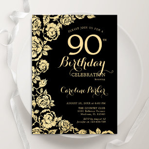 Invitation Elégant Black Gold Roses 90e fête d'anniversaire