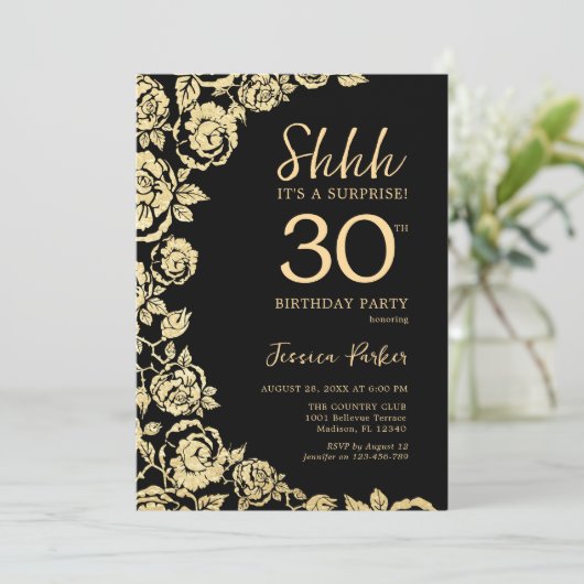 Invitation Elégant Black Gold Roses Surprise 30e anniversaire (Debout devant)