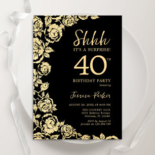 Invitation Elégant Black Gold Roses Surprise 40e anniversaire
