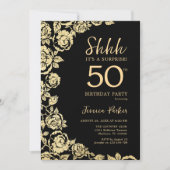 Invitation Elégant Black Gold Roses Surprise 50e anniversaire (Devant)