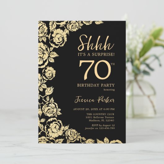 Invitation Elégant Black Gold Roses Surprise 70e anniversaire (Debout devant)