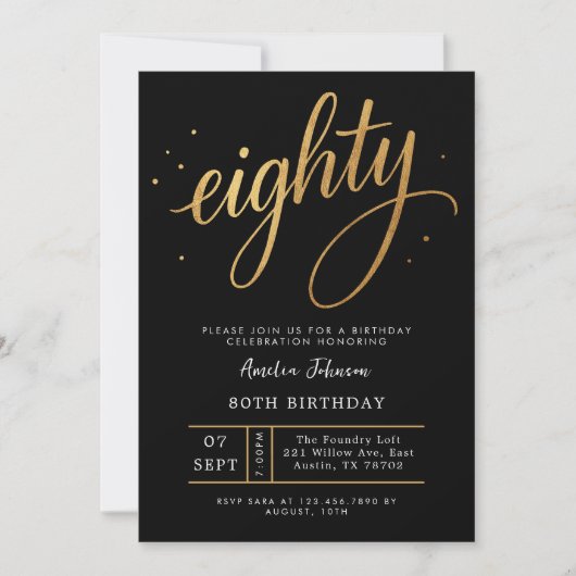 Invitation Elegant Black & Gold Script Eighty 80th Birthday (Devant)