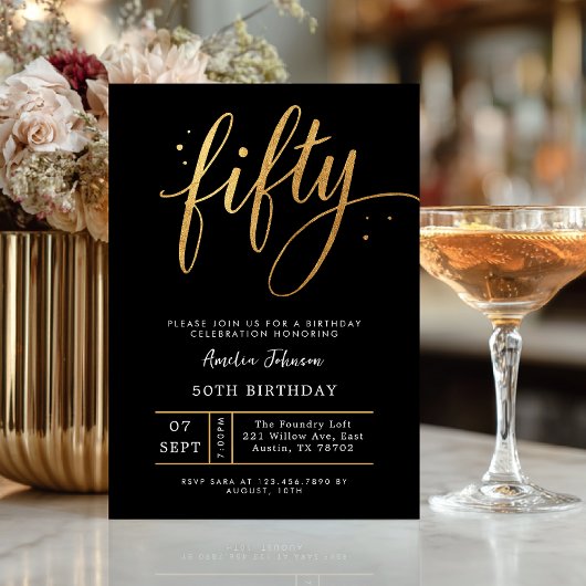 Invitation Elegant Black & Gold Script Fifty 50th Birthday 