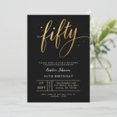 Invitation Elegant Black & Gold Script Fifty 50th Birthday  (Debout devant)