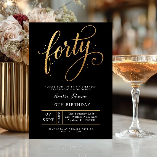 Invitation Elegant Black & Gold Script Forty 40th Birthday