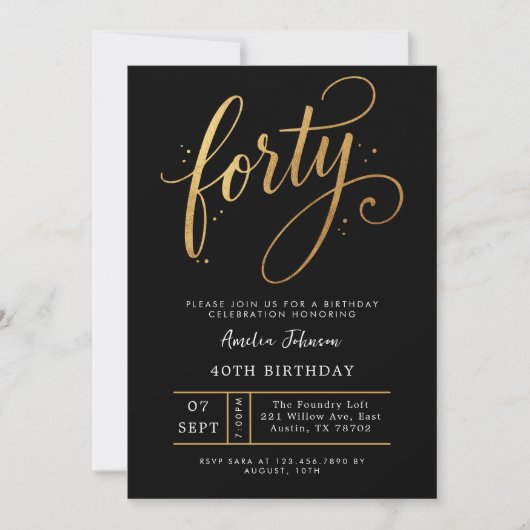 Invitation Elegant Black & Gold Script Forty 40th Birthday (Devant)