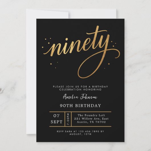 Invitation Elegant Black & Gold Script Ninety 90th Birthday (Devant)