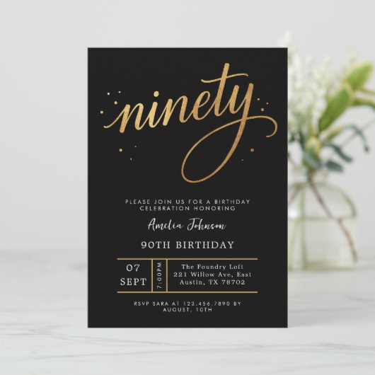 Invitation Elegant Black & Gold Script Ninety 90th Birthday (Debout devant)