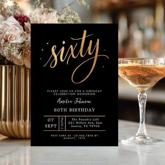 Invitation Elegant Black & Gold Script Sixty 60th Birthday 