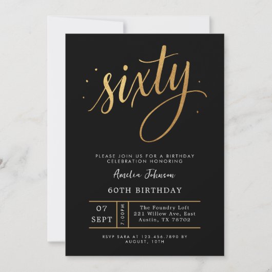 Invitation Elegant Black & Gold Script Sixty 60th Birthday  (Devant)