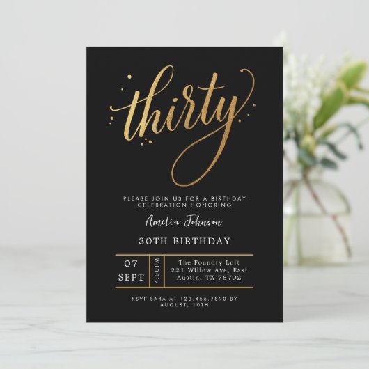 Invitation Elegant Black & Gold Script Thirty 30th Birthday (Debout devant)