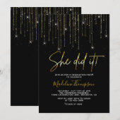 Invitation Elégant Black Gold Sparkling Elle l'a fait Graduat (Devant / Derrière)