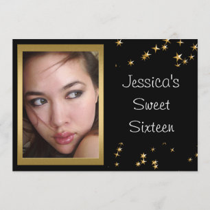 Invitation Elégant Black Gold Stars Photo Sweet 16